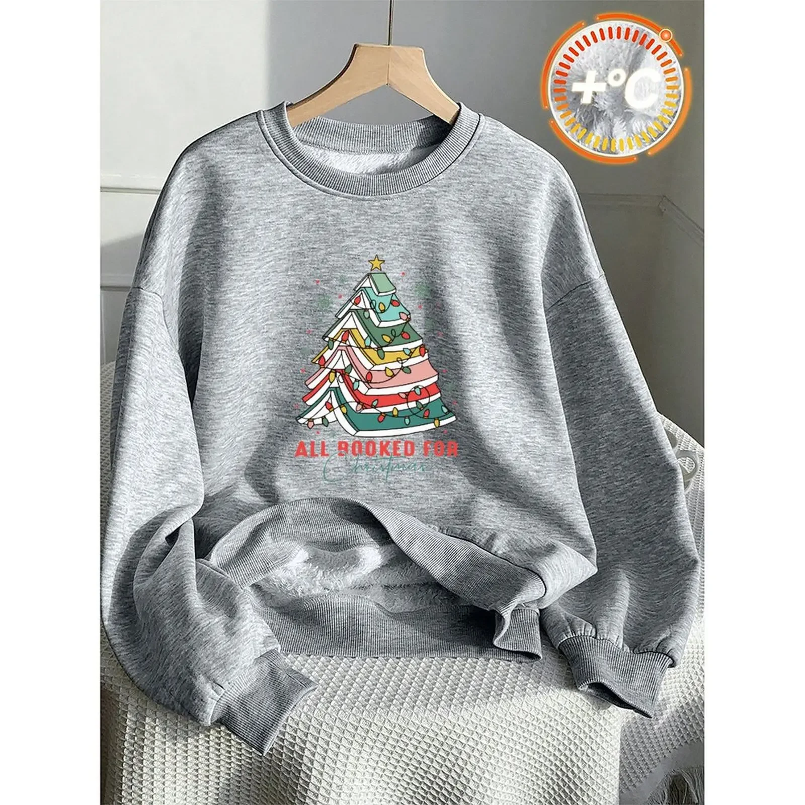 

Woman Clothes 2025 O-Neck Sweatshirt Velvet Winter Casual Loose Comfortable Book Christmas Tree Printed Pattern Fashion Pullover
