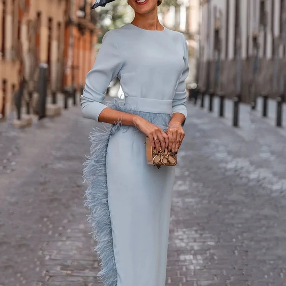 Vestido de fiesta de satén con plumas y cuello redondo para mujer, traje elegante de color azul cielo, largo hasta el tobillo, Dubái