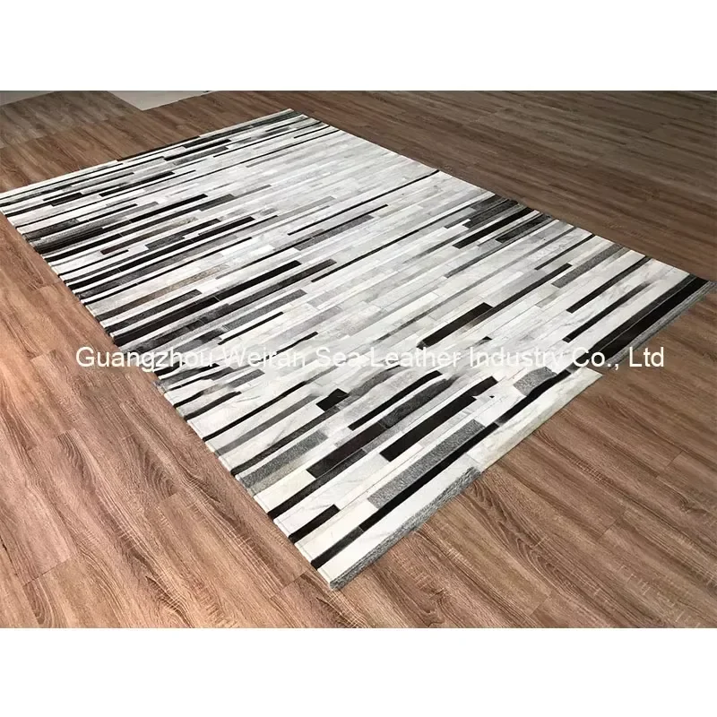 Imported Gray Striped Cowhide Fur Patchwork Carpet for Home Use for Bedrooms and Living Rooms Textiles & Leather Product