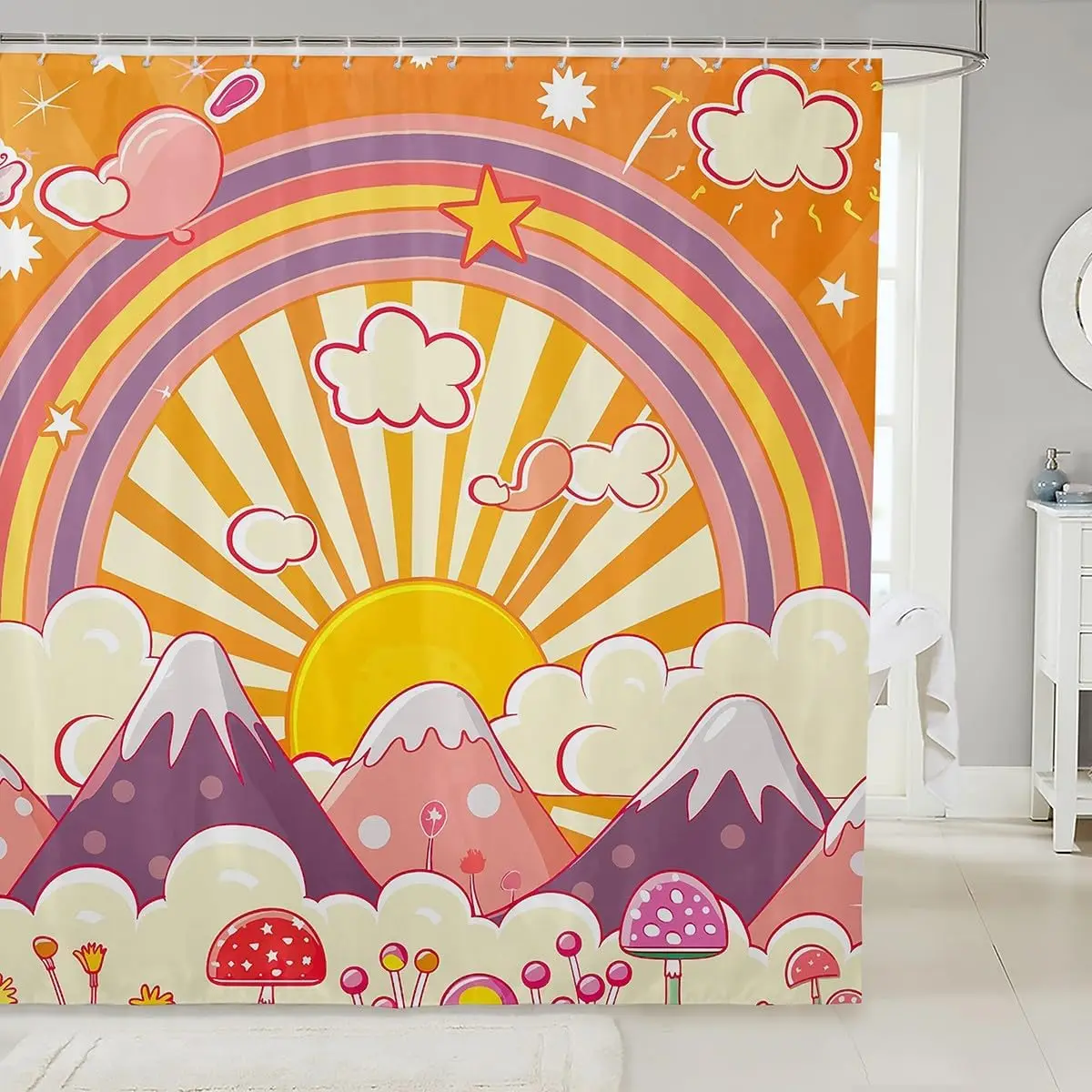 

Детская радужная занавеска для душа, занавеска для ванны с горными грибами и крючками, тканевая занавеска для душа с желтыми полосками для детей