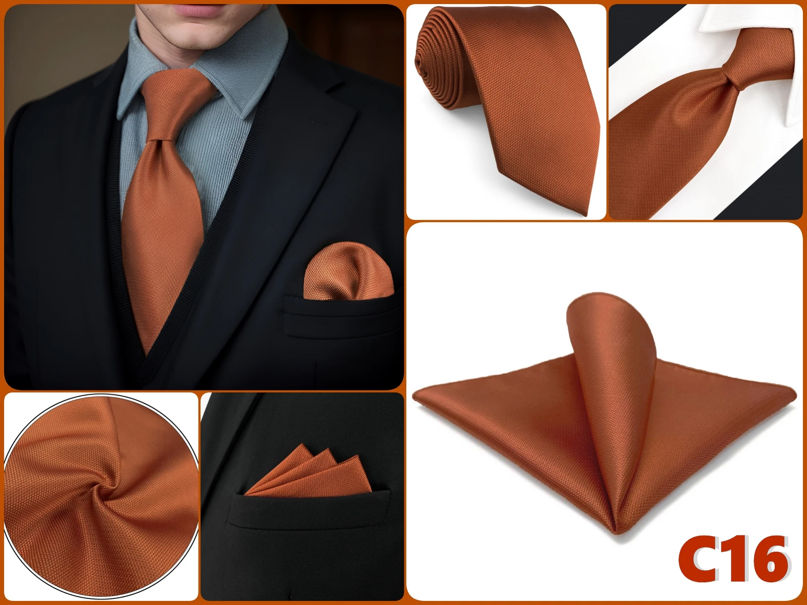 Braunes Herren-Krawatten-Einstecktuch-Set, klassisches Krawatten-Einstecktuch-Set, Business-Formal, Khaki, 147 cm, Dropshipping, Vintage – Detail 6