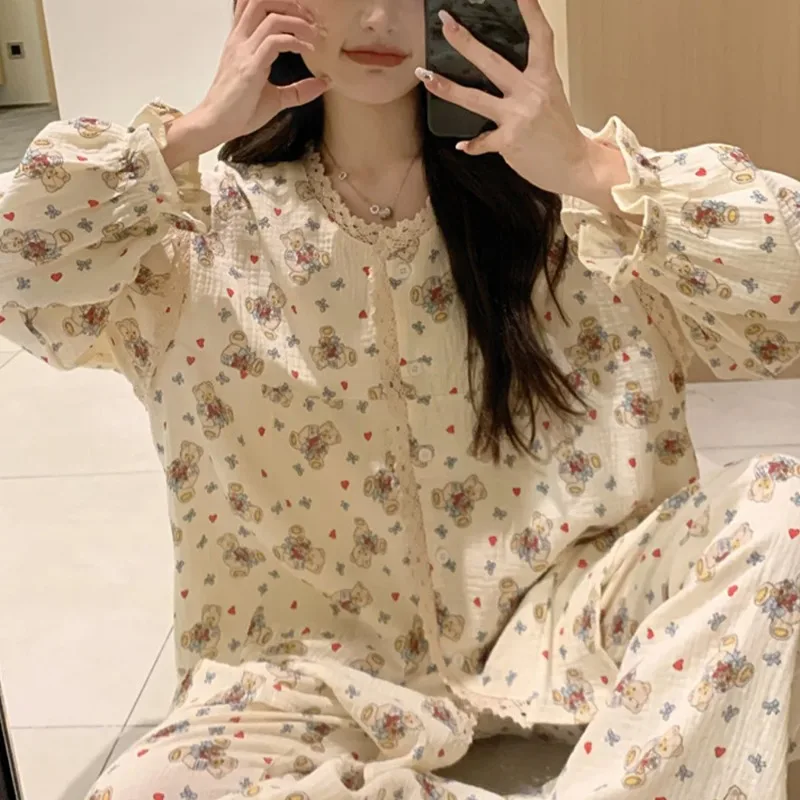 ملابس نوم لطيفة على شكل الدب الصغير للنساء للربيع والخريف، سراويل بأكمام طويلة، مجموعة من الدانتيل والدانتيل، ملابس منزلية على الطراز الياباني الحلو #3