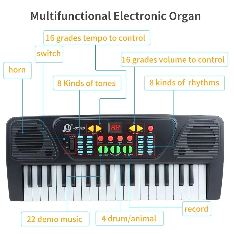 Pianino z klawiaturą dla dzieci, 37-klawiszowe przenośne pianino elektroniczne dla dzieci, cyfrowe pianino muzyczne z klawiaturą, zabawki edukacyjne