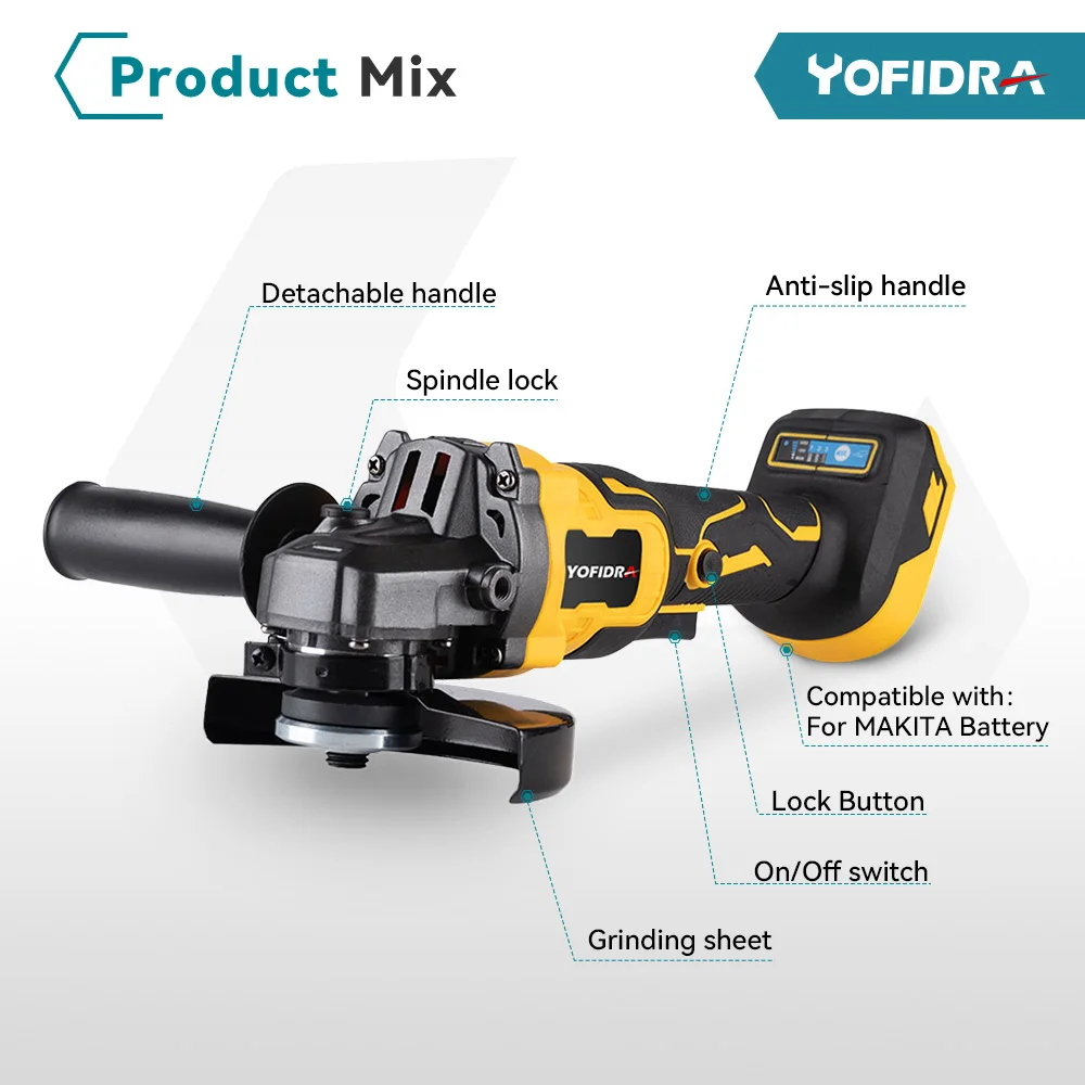 Yofidra-amoladora angular eléctrica sin escobillas, máquina pulidora inalámbrica de 125mm, herramienta de corte de carpintería para batería Makita