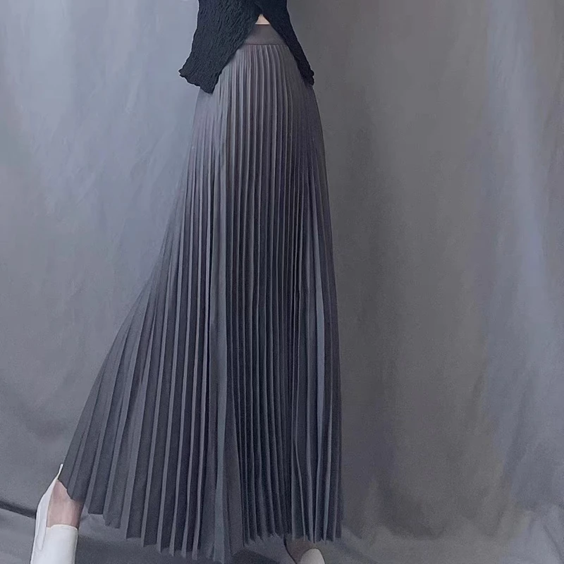 Shiny Silk Pleated Long Skirt Women Elastic High Waist Slim Solid A-Line Ladies Fashion All-Match Party Skirts Black White Gray