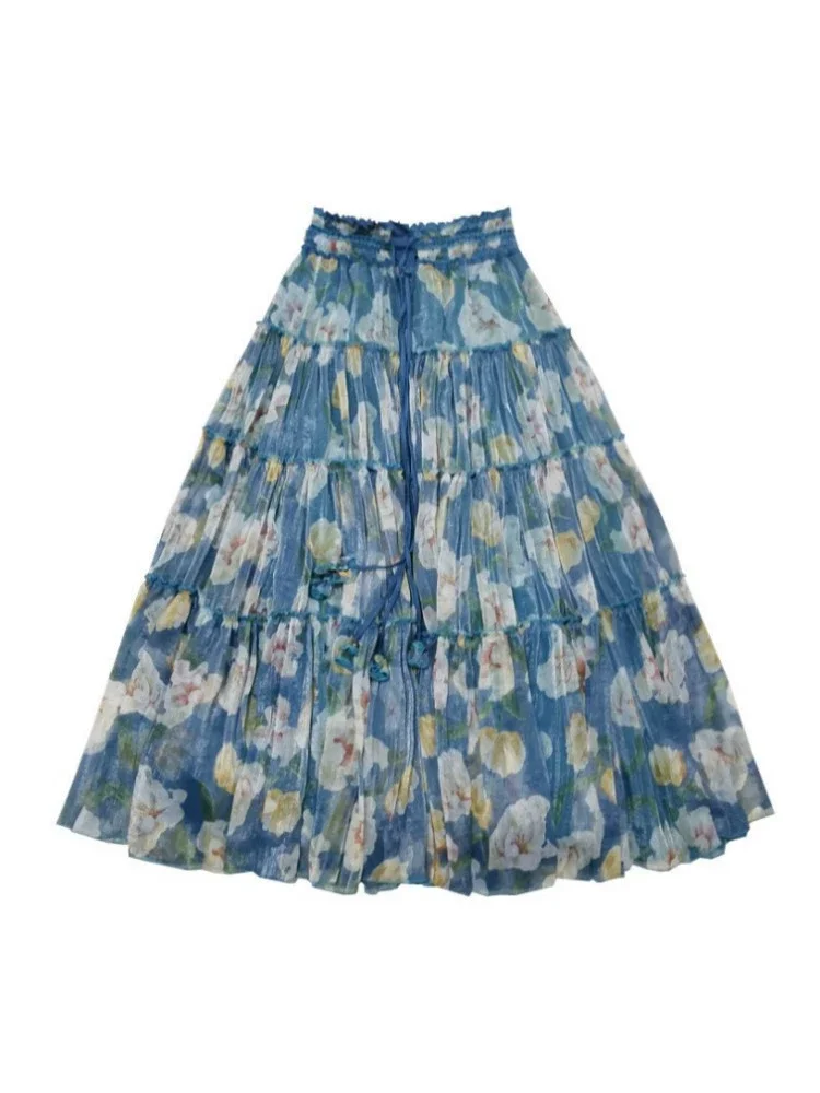 Imagem -03 - Mulheres Boêmio Saia Longa de Chiffon Floral Impresso Maxi Boho Moda Azul Alta Qualidade Verão S-xxl 2023