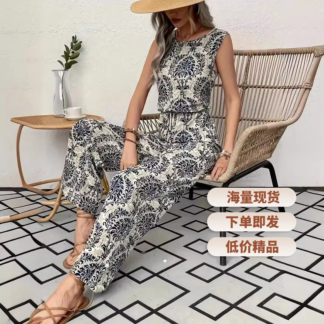 Pantalones de verano con estampado de poliéster 2025 para mujer, trajes de dos piezas de manga corta florales