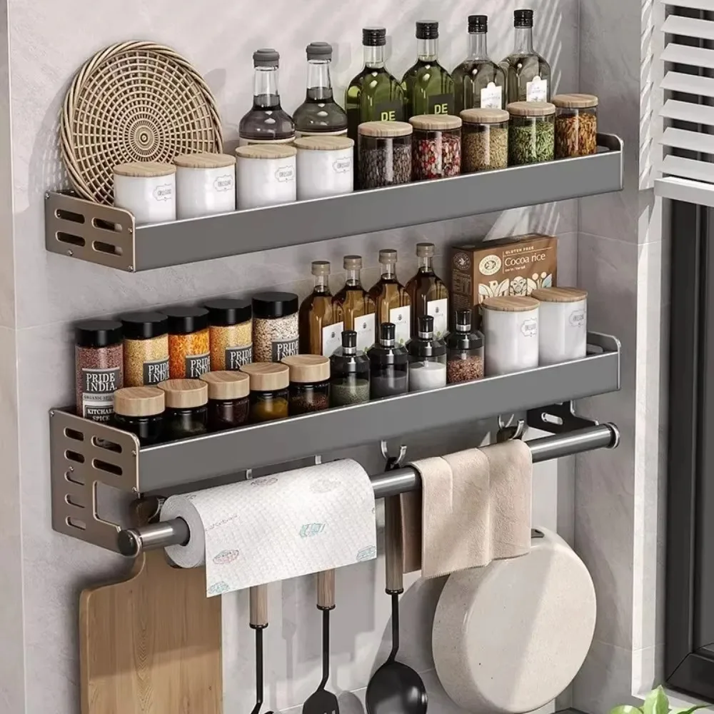 Wall Mounted Kitchen Storage Rack Space Aluminum Waterproof Home Knife Holder Seasoning Shelf Kitchen Supplies Organizer Rack