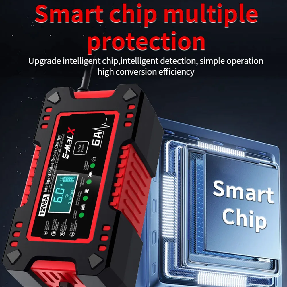 Digital Motorboat Battery Chargers 12V 6A Intelligent Pulse Repair Motorcycle Car Battery Volt Temp Tester Storage Cell Chargers