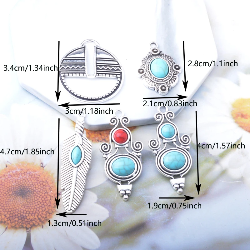 10 Stück Antik-Silberfarbene Feder-Legierung mit Imitations-Türkisstein Acryl-Ohrringe Charms Schmuck Ohrringe Anhänger – Detail 5