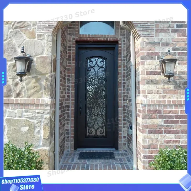 French Style Handmade Wrought Iron Single Door with Frosted Glass for Patio Entrance External Metal Security Privacy Design