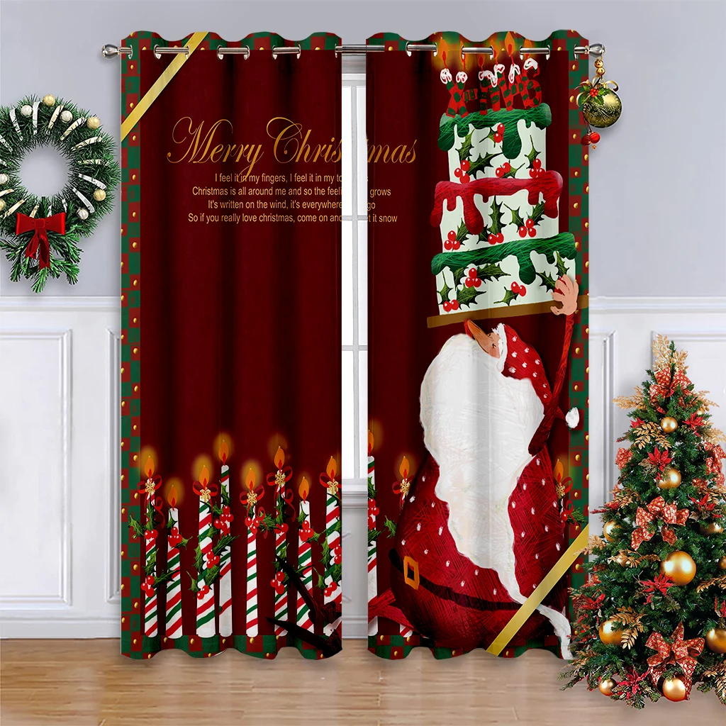 2pcs Christmas Decorative Curtains, Curtains With Cartoon Santa Claus Prints, Festive Decorative Curtains, Gift For Children