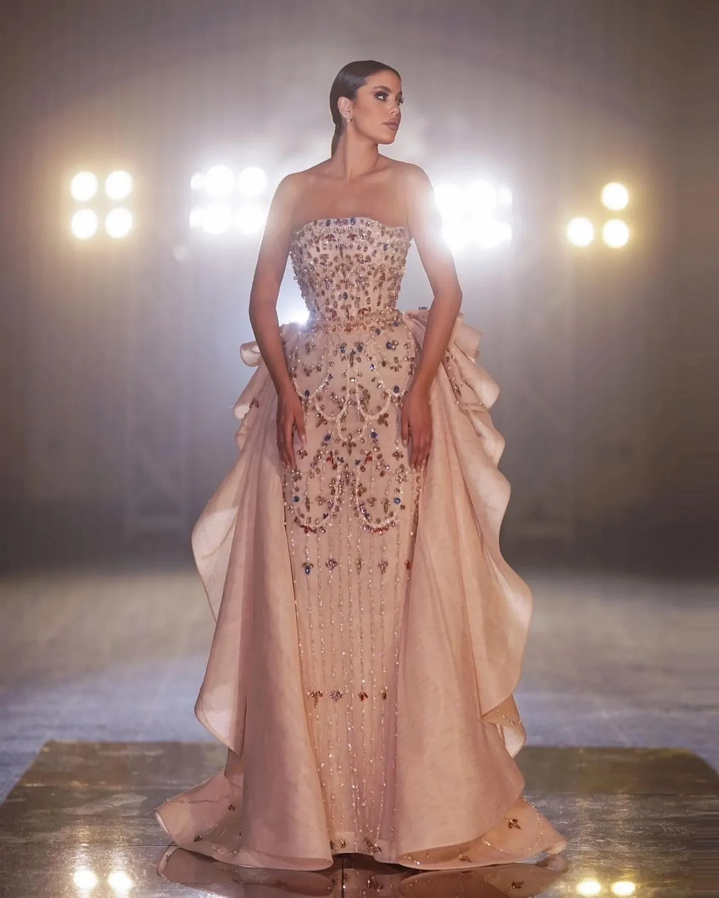 

Plus Size Champagne Mermaid Prom Dress Orangza Promdress Beaded Crystals Evening Formal Party Second Reception Birthday Engagem