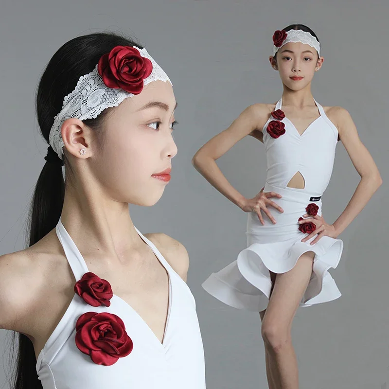 

2025 New Latin Dance Clothing Girls Rumba Salsa Stage Clothes Children Performance Practice Costume White Suspender Suit