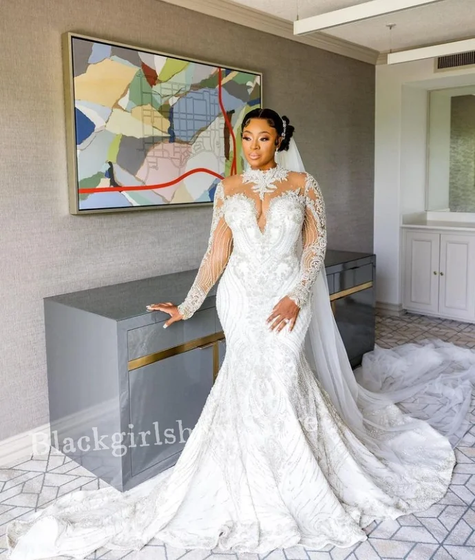 Gaun pernikahan Formal renda elegan 2024 kerah tinggi Applique Lengan Panjang manik-manik Applique putri duyung kustom panjang vestido de novia