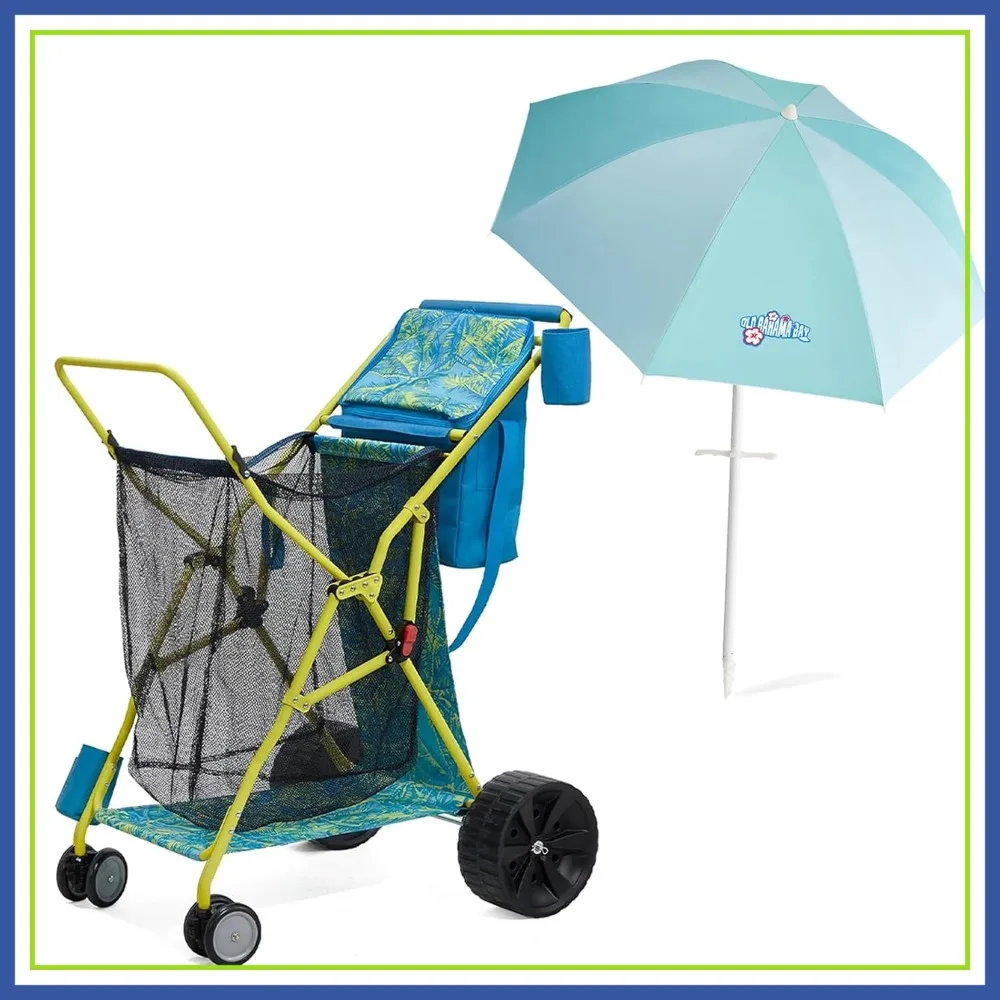 

All-Terrain Beach Wagon with 8ft UPF 50+ Tilt Umbrella, Collapsible Cart with Big Wheels, Cooler Bag & Sand Anchor