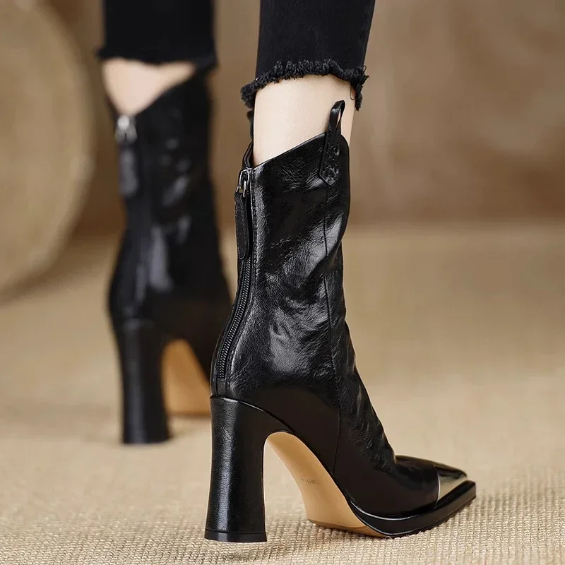 High Heels Women Ankle Boots Sexy Pointed Toe Leather Shoes Women Trend Snow Boots Party Pumps Dress Mujer Elegant Chelsea Boots