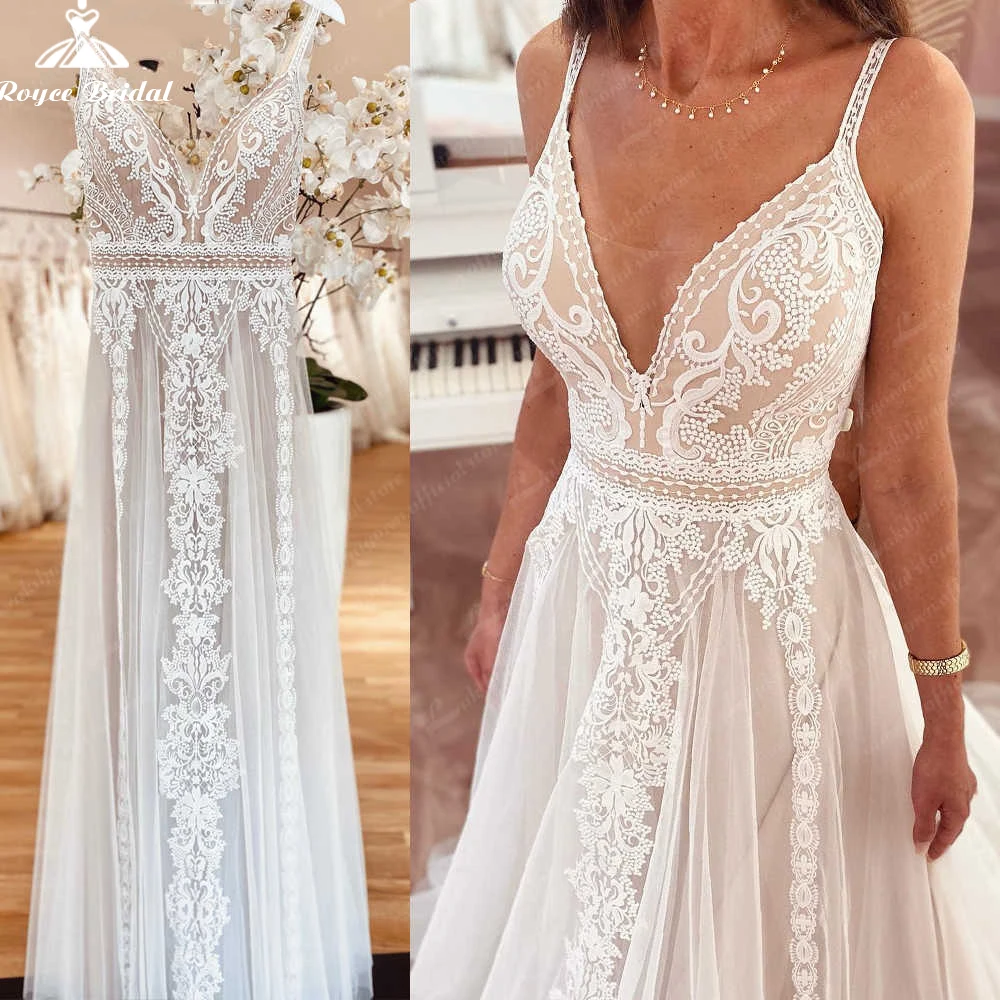 

Roycebridal Plunging V Bohemian Wedding Dress Vestido Noiva Summer A Line Boho Wedding Gown V Neck Lace Open Back Sleeveles