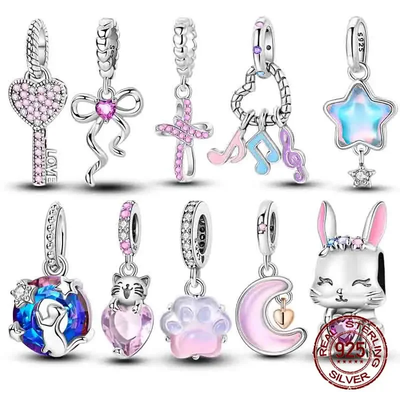 925 Sterling Silver Glowing Cat Claw Cat Love Key Star Month Charms Beads Fit Pandora Original Bracelets Fine DIY Jewelry Gifts