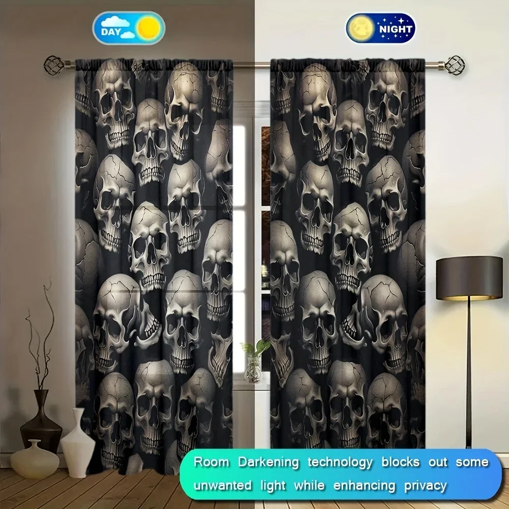 2pcs Skull Printed Curtain for Home Decor - Rod Pocket Window Treatment for Bedroom, Office, Kitchen, Living Room, and Study