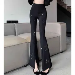 Korean Summer New Fashion Split Flare Suit Pants Women Black Simple Diamond Butterfly Casual Versatile Black Straight Trousers