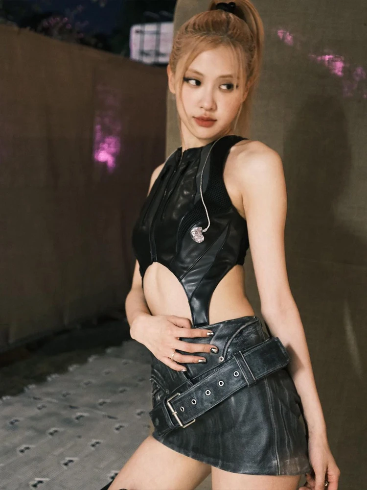بدلة نسائية مثيرة مجوفة من Sisterlinda مصنوعة من الجلد بسحّاب صناعي بدون أكمام ورقبة دائرية بدون خصر ملابس مهرجان موسيقى منتصف الليل #1