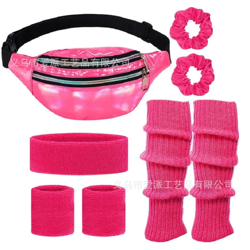 80s Women Stage Performance Dress Up Neon Leg Warmer Headband Wristbands Fanny Pack Set Halloween Cosplay Accessories