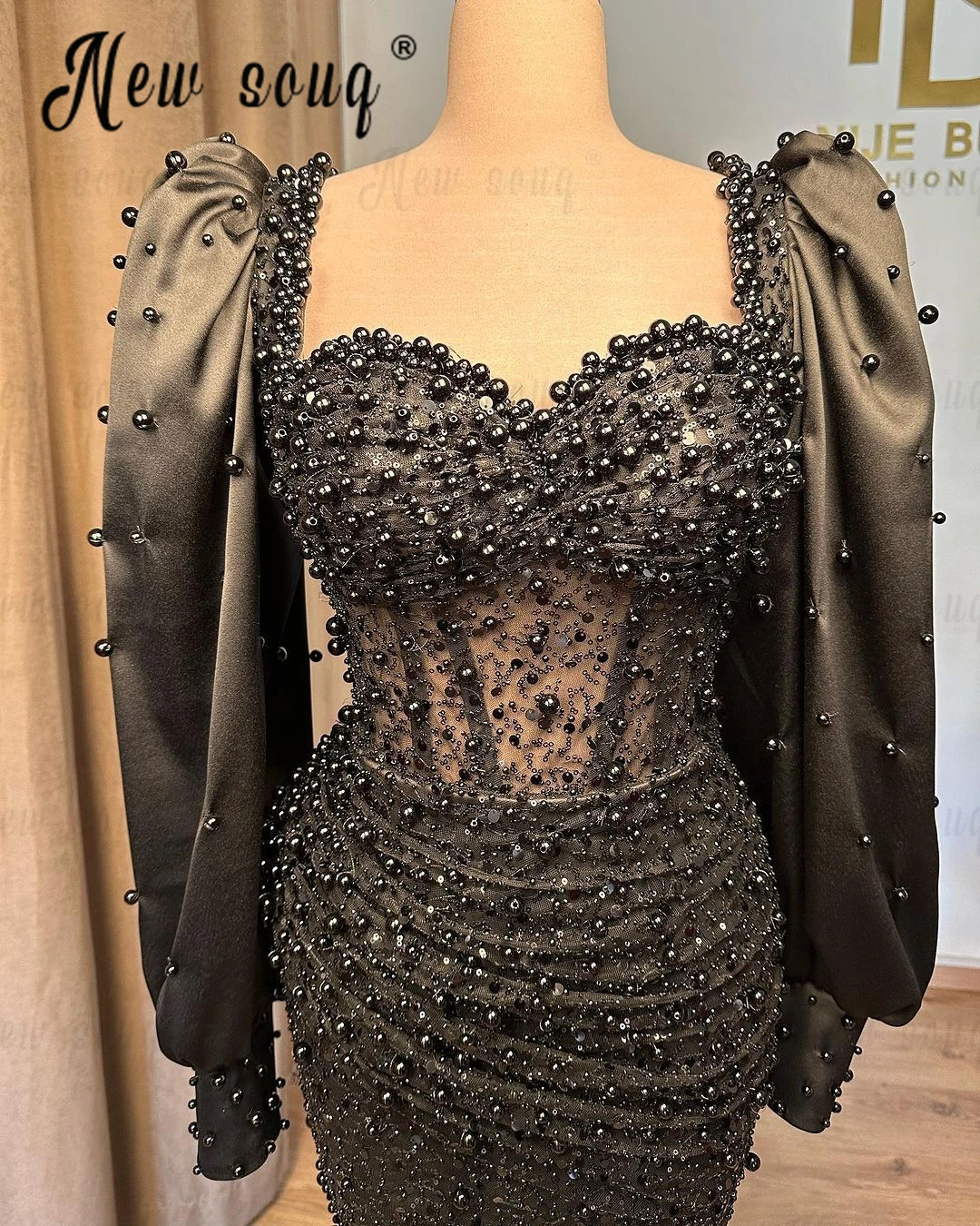 Long Sleeve Black Evening Dress Plus Size Muslim Mermaid Luxury Prom Dress for Wedding 2024 Beading Pearls  Vestidos De Fiesta