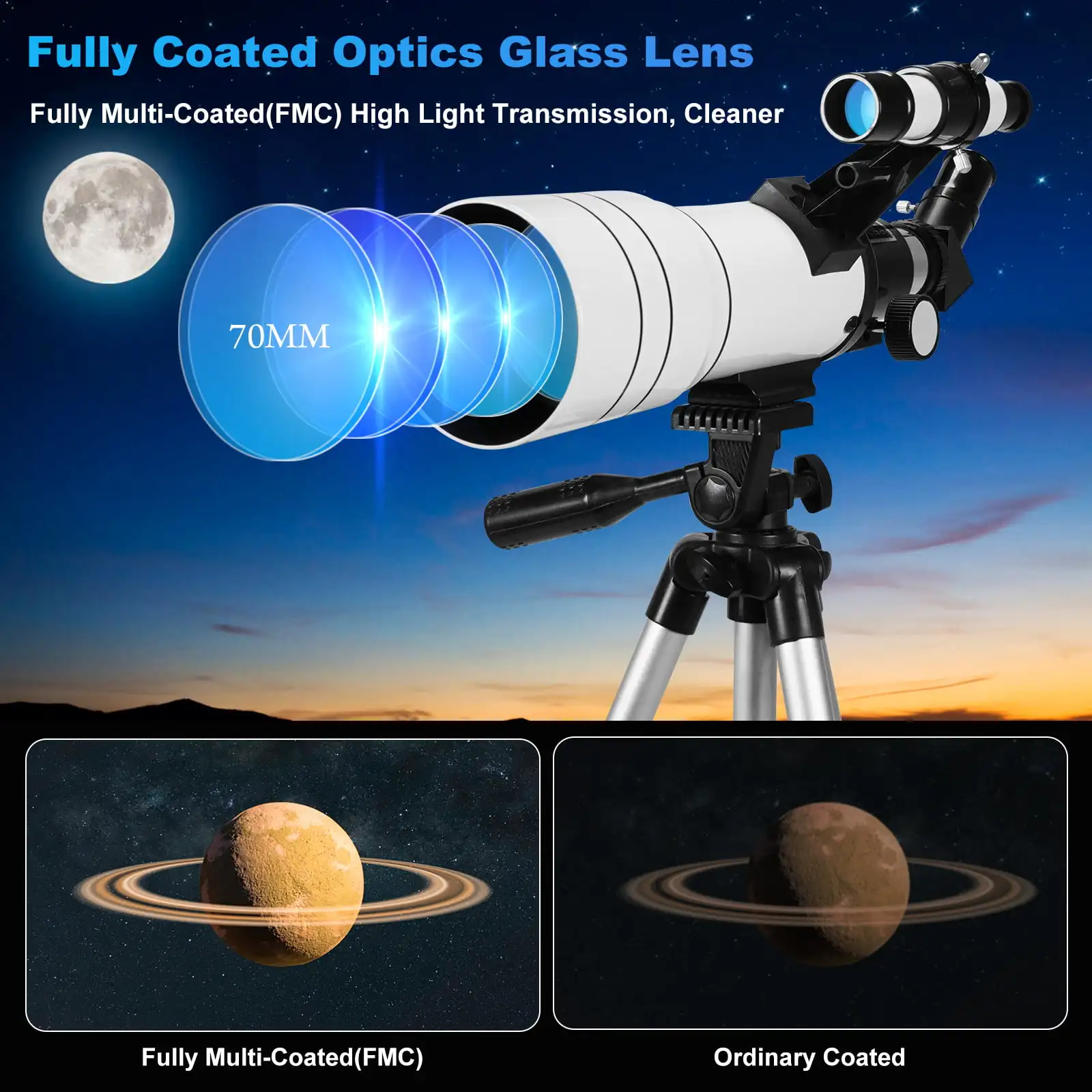 Telescope for Adults & Kids 70mm Aperture Astronomical Refractor Telescopes for Astronomy Beginners (15X-150X), 300mm Portable