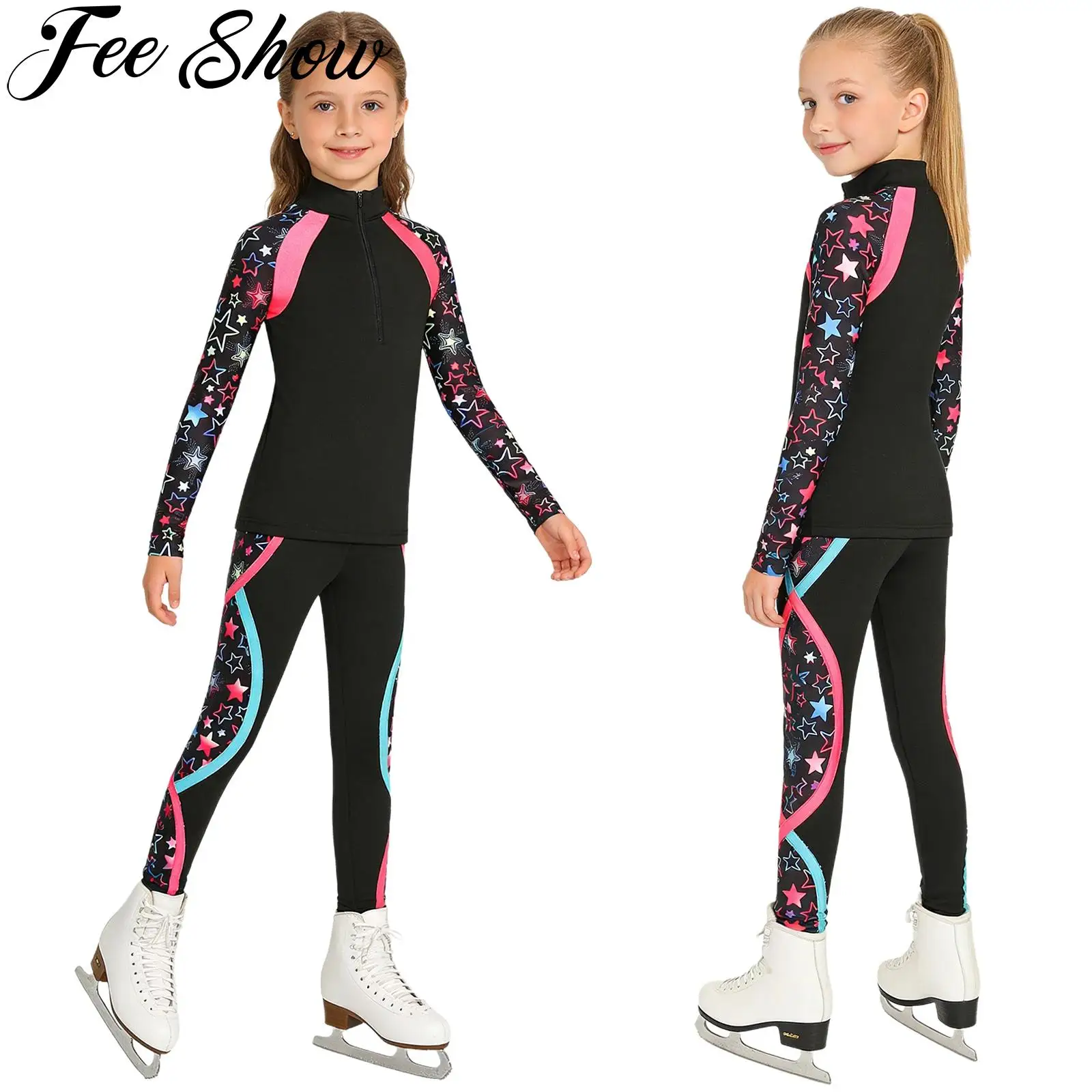 Eiskunstlauf-Sportjacken-Outfit für Kinder und Mädchen, mit Fleece gefüttertes, bedrucktes Sweatshirt mit Leggings für das Gymnastiktraining