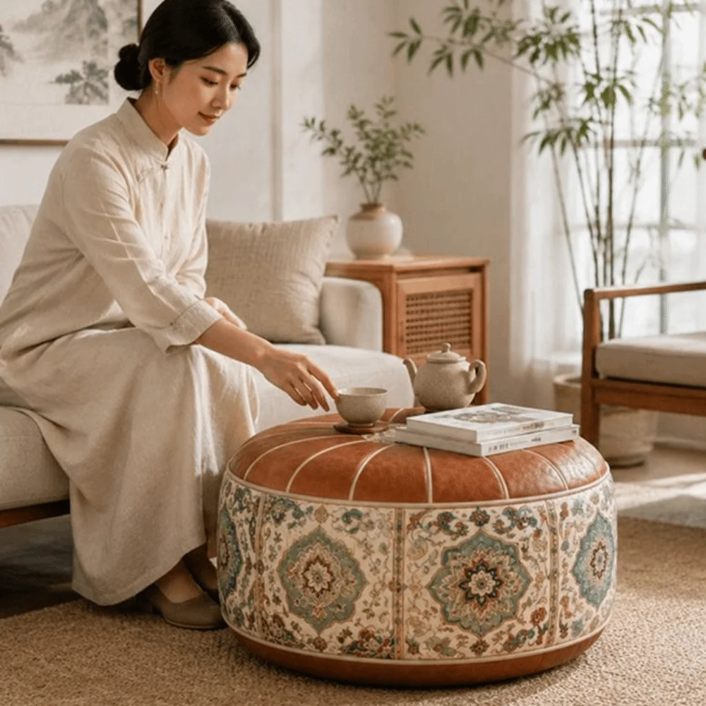 New PU Leather Ottoman Pouf Boho Pattern Round Shape Storage Ottoman Fillable Foldable Footstool Cover Multipurpose Storage