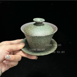 180ML Retro Coarse Pottery Three Gaiwan Household Kiln Change Ceramic Teacup Portable Beauty Tea Bowl Custom Traditional Tea Set