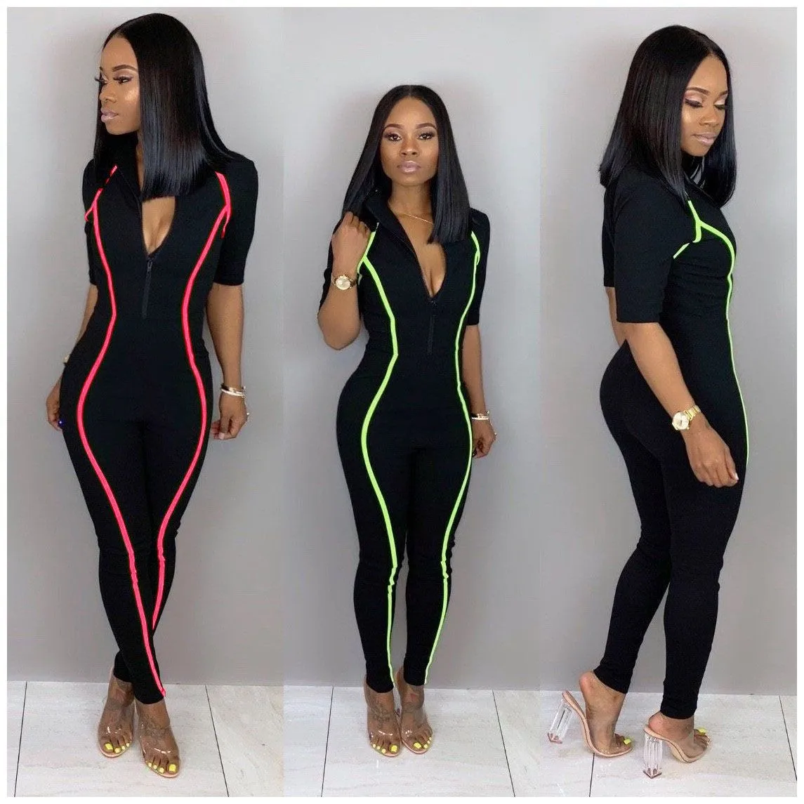 Y5091 Zomer damesmode sexy patchwork jumpsuit met V-hals en korte mouwen