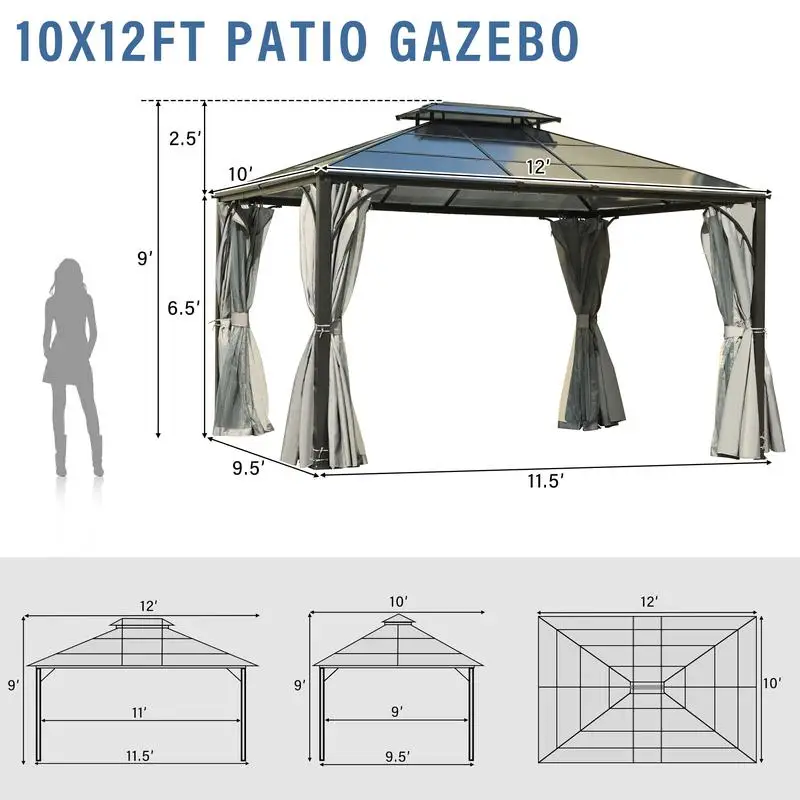 شرفة خارجية صلبة مقاس 10 × 12 بوصة، مظلة فناء سقف مزدوجة شديدة التحمل مع إطار من الألومنيوم، شبكة ناموسية للجدران الجانبية بطبقة مزدوجة #3
