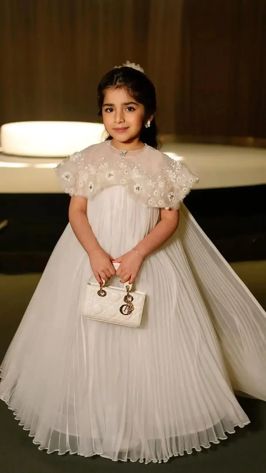 Girls Embellished Cap Sleeve Pleated Chiffon Gown With Detachable Train Ideal For Flower Girl Duties Birthday Celebrations Piano