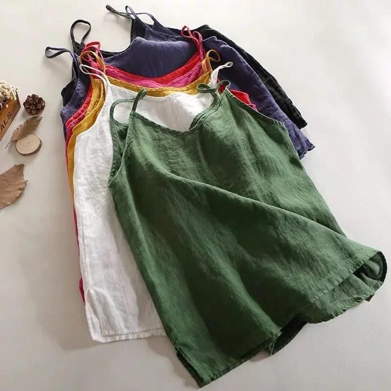 Summer Camis Women Casual Tank Tops Vest Sleeveless Solid V-neck Spaghetti Strap Top Vintage Cottton Line Loose Casual Shirt
