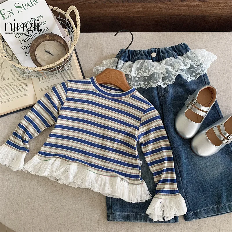 Girl T-shirt Spring Autumn New 2024 Blue Lace Spliced Striped Tops Jeans Casual Simple Fashion Sweet Korean Active Vintage Cute