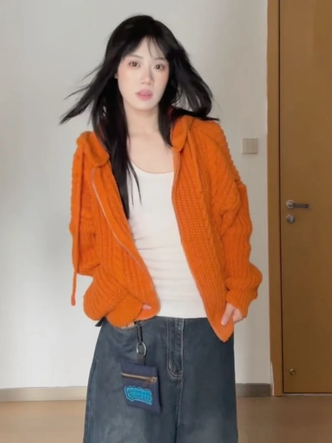 

Thi Warm Pumpkin Orange Zipper Knitted Sweater Coat Women's Autumn Winter Lazy Twist Open Cardigan Cotton Blend Long Sve