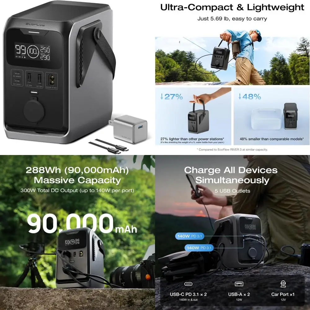 portable 300w power station with 30w usb-c charger, 288wh lifepo4 battery, solar-capable generator for camping and travel