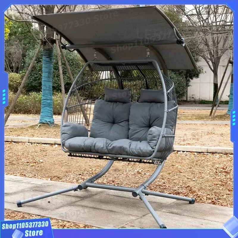 Modern Portable Double Swing Egg Chair Outdoor Hanging Seat Iron Frame PE Wicker Hammock Sofa for Park Villa Garden Furniture