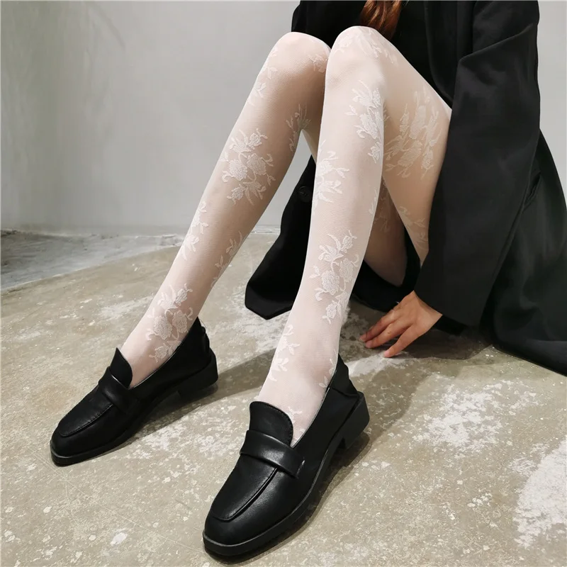 French Style Vintage Black White Stockings Medias Kawaii Rose Flower Print Pantyhose Nylon Pattern Luxury Tights Collant Femme