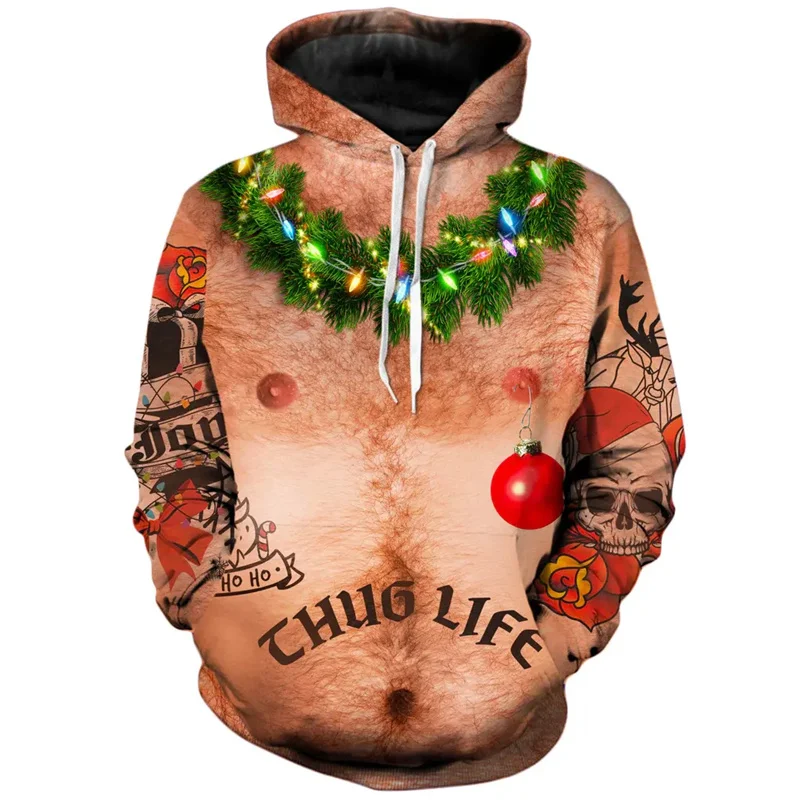 Hoodie de Natal de manga comprida masculino, 3D Cartoon Print, pulôver feio engraçado, moletom infantil, cosplay streetwear, 2022