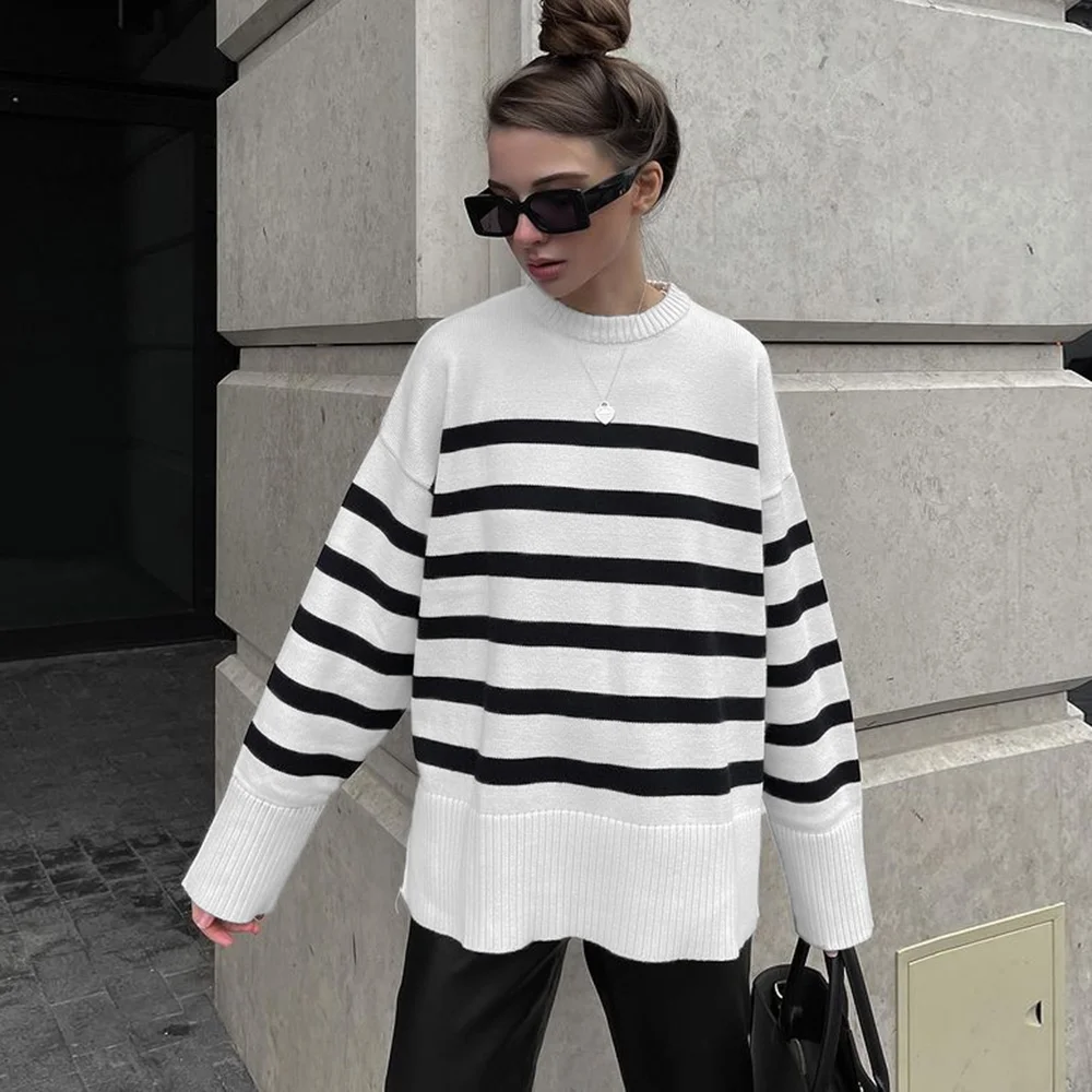 White Striped Knit Sweater Pullovers Women Knitted Basic Pull Tops Autumn Winter Loose-Fitting Jumpers Female Knitting Sweaters