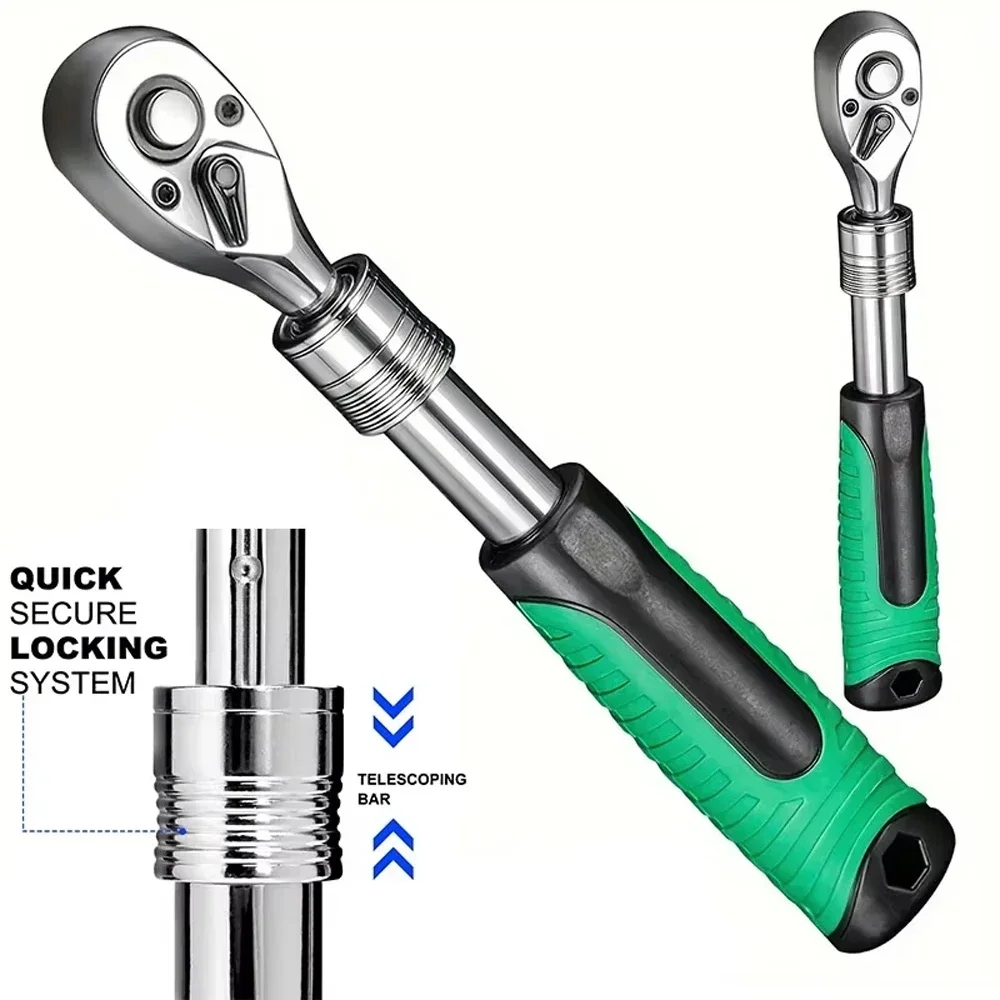 Retractable 72-Tooth Ratchet Set, 1/4", 3/8", 1/2" Drive with Rotating, Reversible Socket Wrench - Mechanical Tool