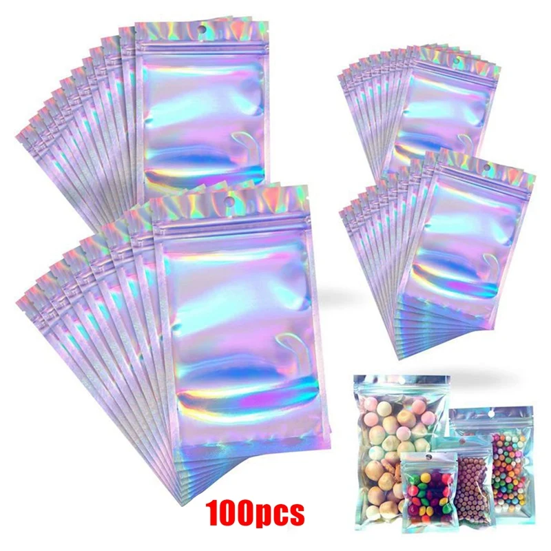 Bolsas selladas resellables de 100 piezas para almacenamiento de alimentos, recuerdo de fiesta, Color holográfico, 4x6 pulgadas y 7x10 pulgadas