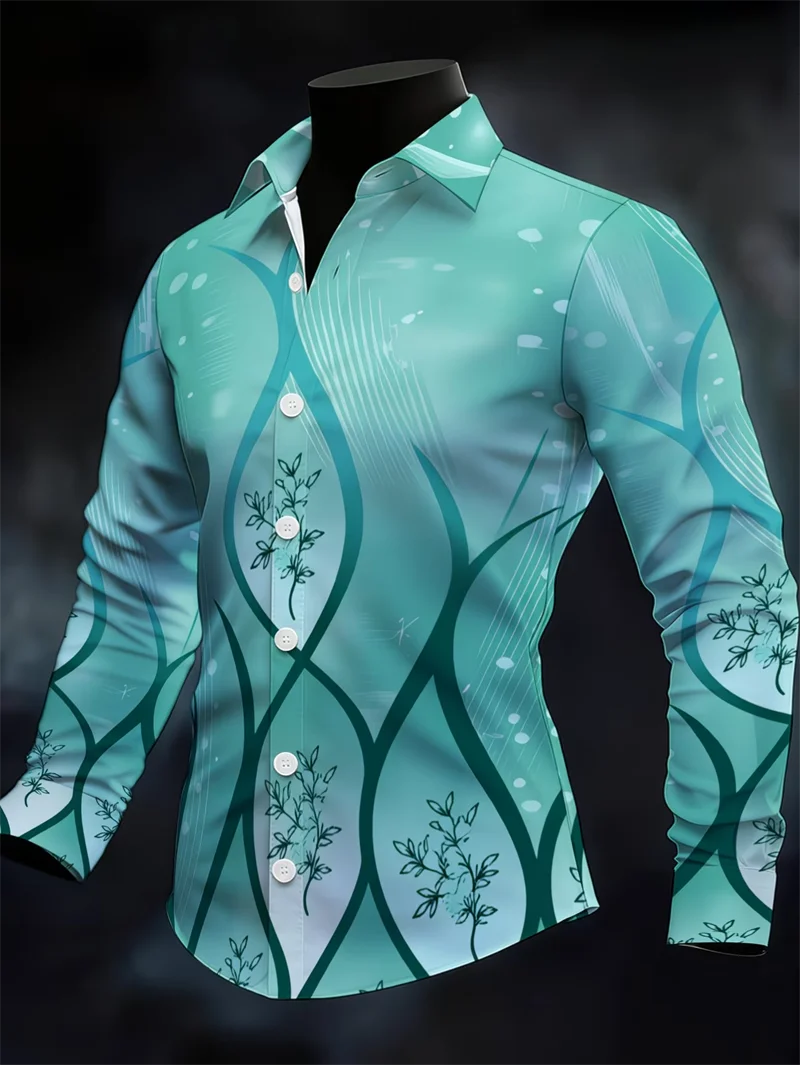 New men's 3D printed striped long sleeved shirt with high-quality casual long sleeved top featuring line patterns