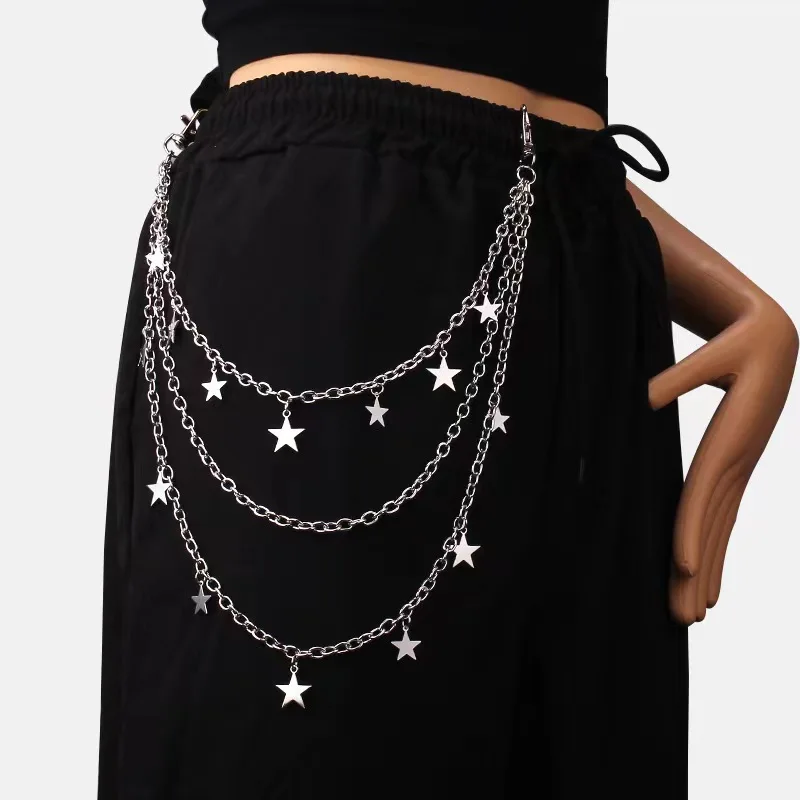 Men Y2k Star Charm Layered Street Style Pant Jeans Chain Belt