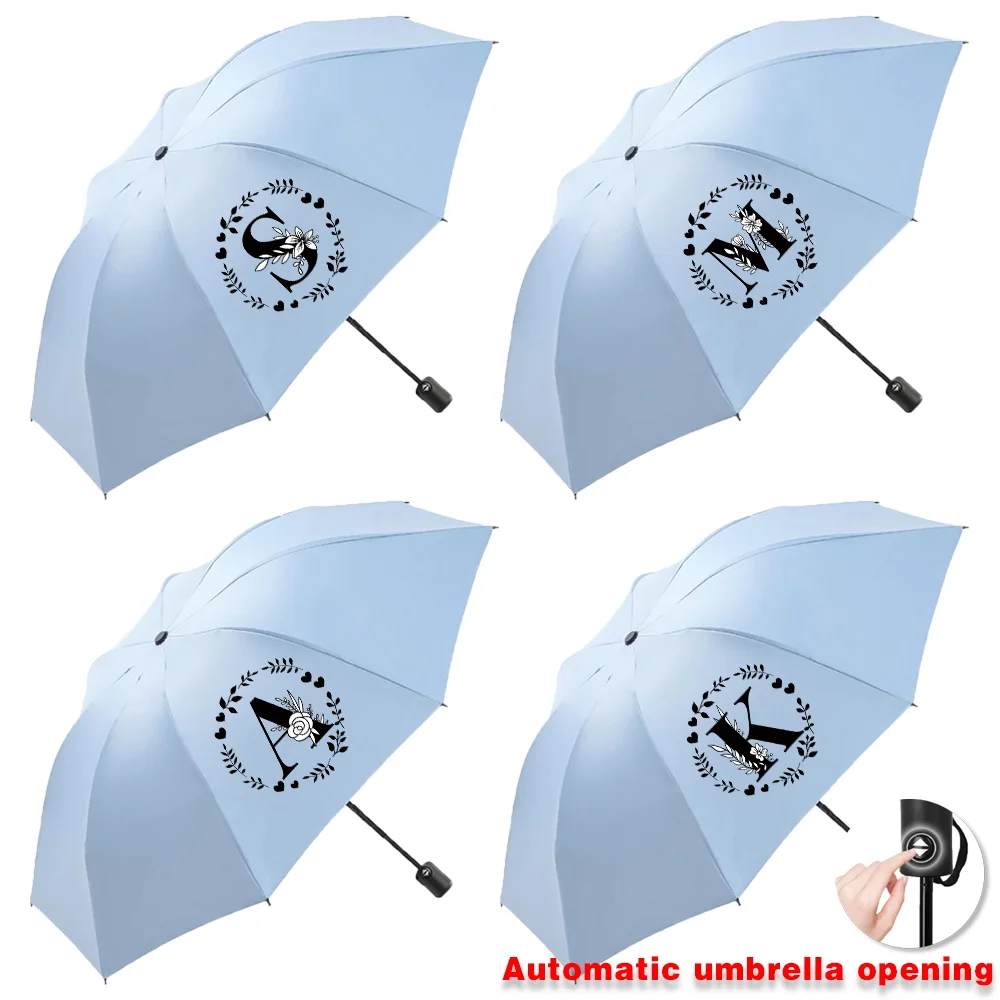 Automatic Umbrella Portable Sunshade Sunscreen Rain Umbrella Blue Handle Foldable Sun Rain Dual Travel Garland Letter Printing