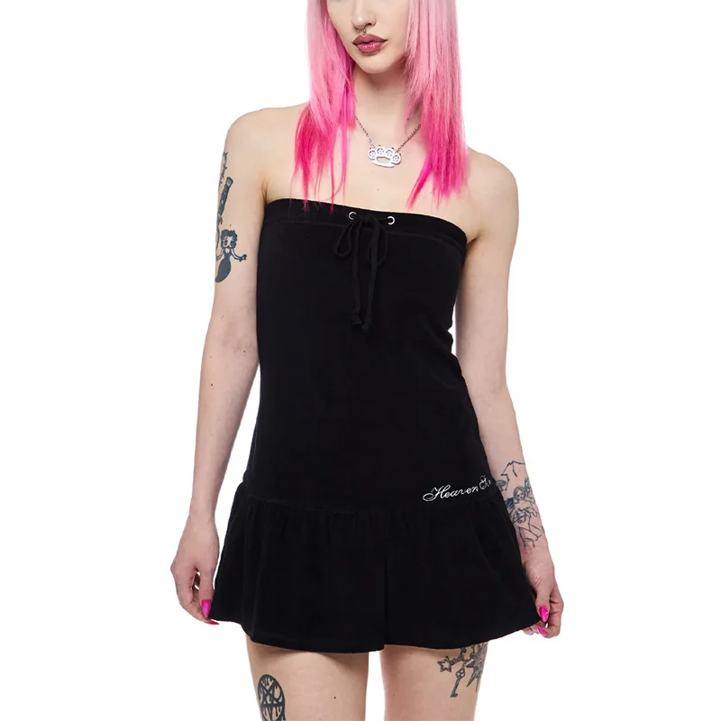 Women Strapless Mini Dress Drawstring Tube Top Ruffle Hem Angel Wing Print Slim Fit Party Club Y2K Gothic Punk Fashion Outfit