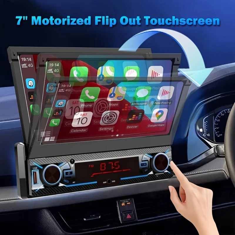 Car Stereo 1 Din 7.0 inch Motorized Flip Out Touchscreen MP5 Player,Wireless BT Headunit with Dynamic Trajectory  Reverse Camera